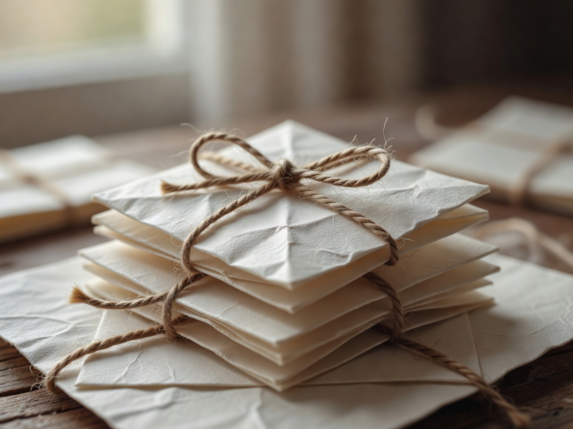 Close-up of small folded paper love notes tied with twine, shallow depth of field