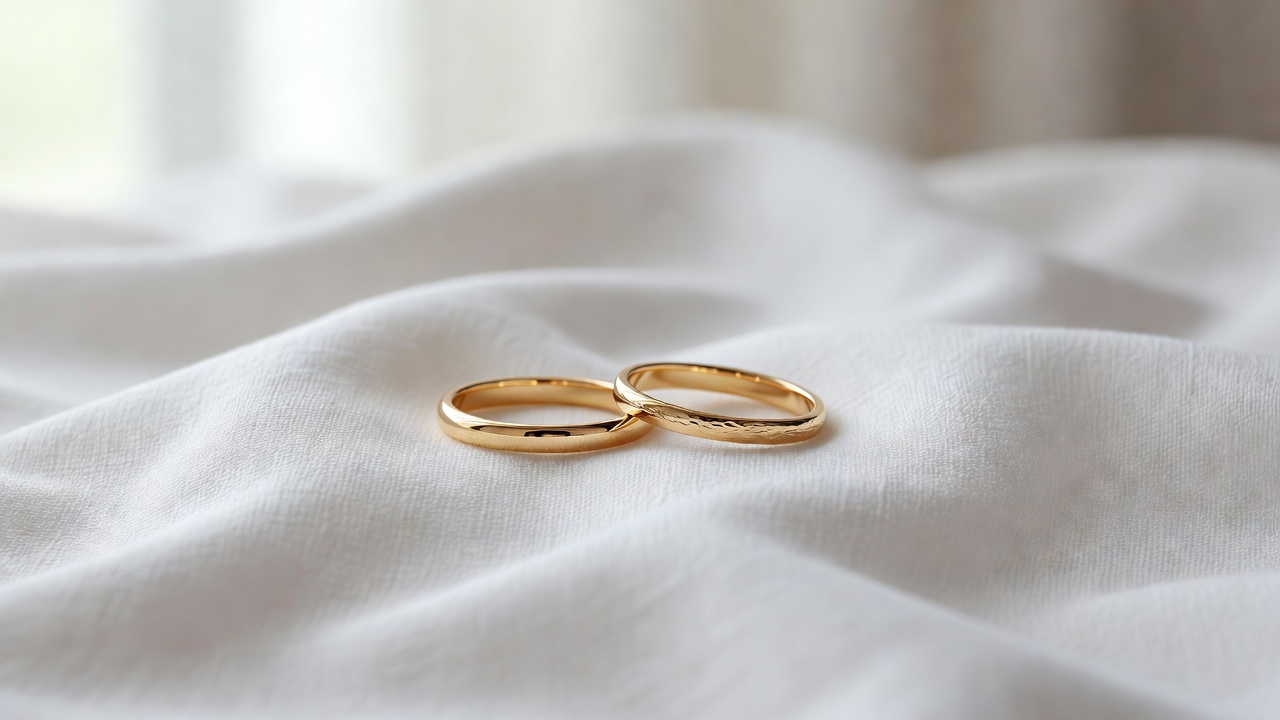 Close-up of two gold rings resting side by side on soft white linen, with a gentle blurred background