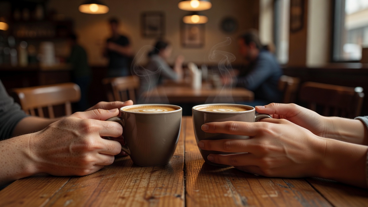 Close-up of two pairs of hands holding warm coffee cups across a wooden table, softly blurred cafe background