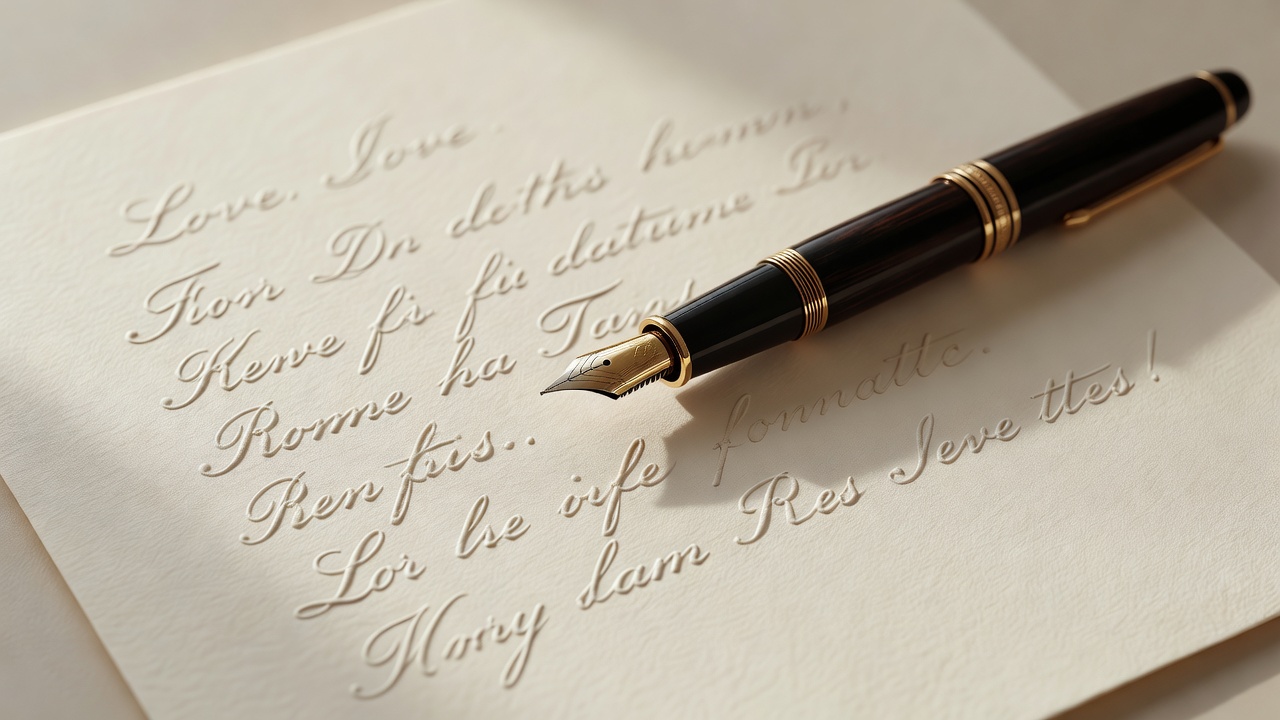 Close-up of a handwritten letter on cream paper with a fountain pen resting across it, edges softly out of focus