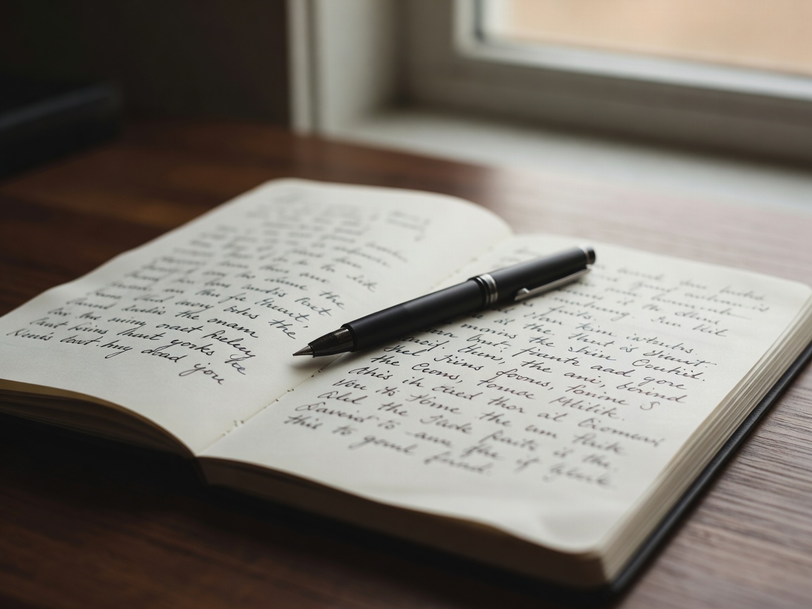 Close-up of an open handwritten notebook with a pen resting on its pages, soft window light