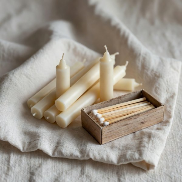 Close-up of cream candles beside a small box of matches on a linen cloth, softly lit